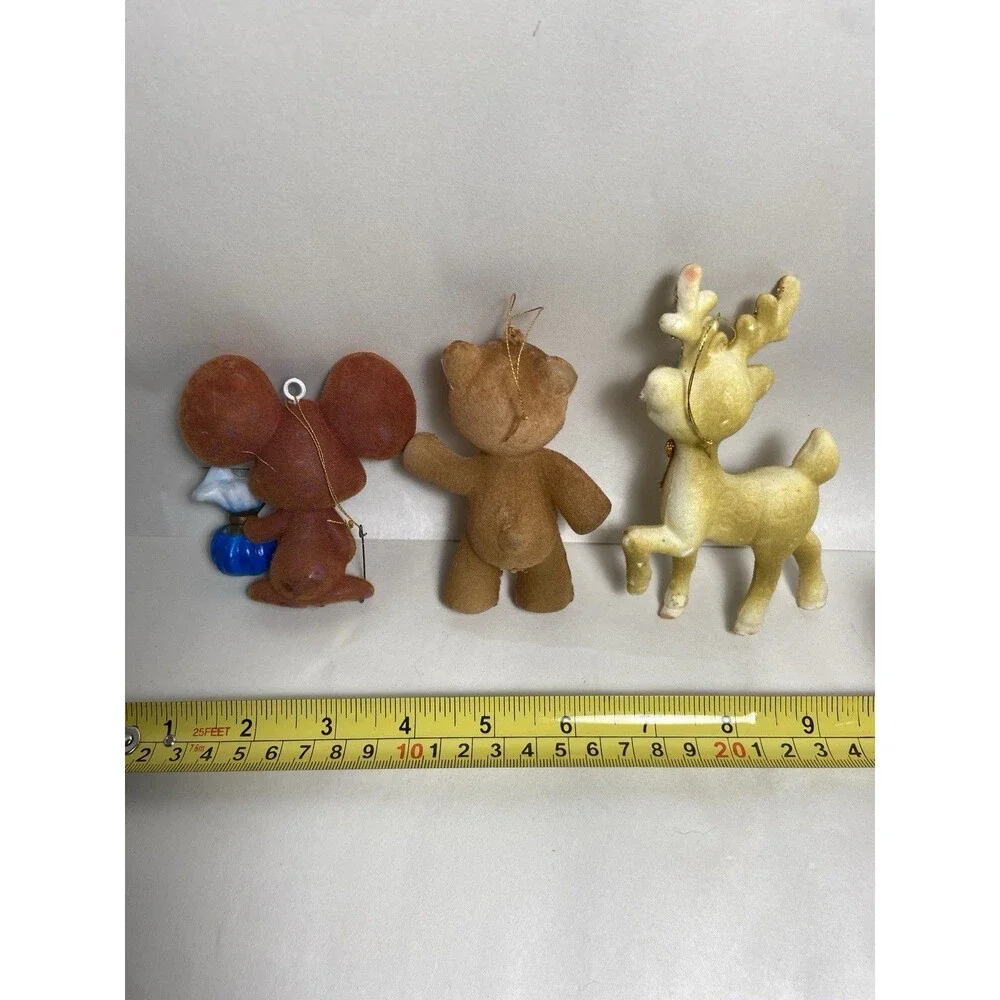 Vintage Christmas Ornament Lot 5 Flocked Plastic Santa Elf Deer Bear Blow Mold